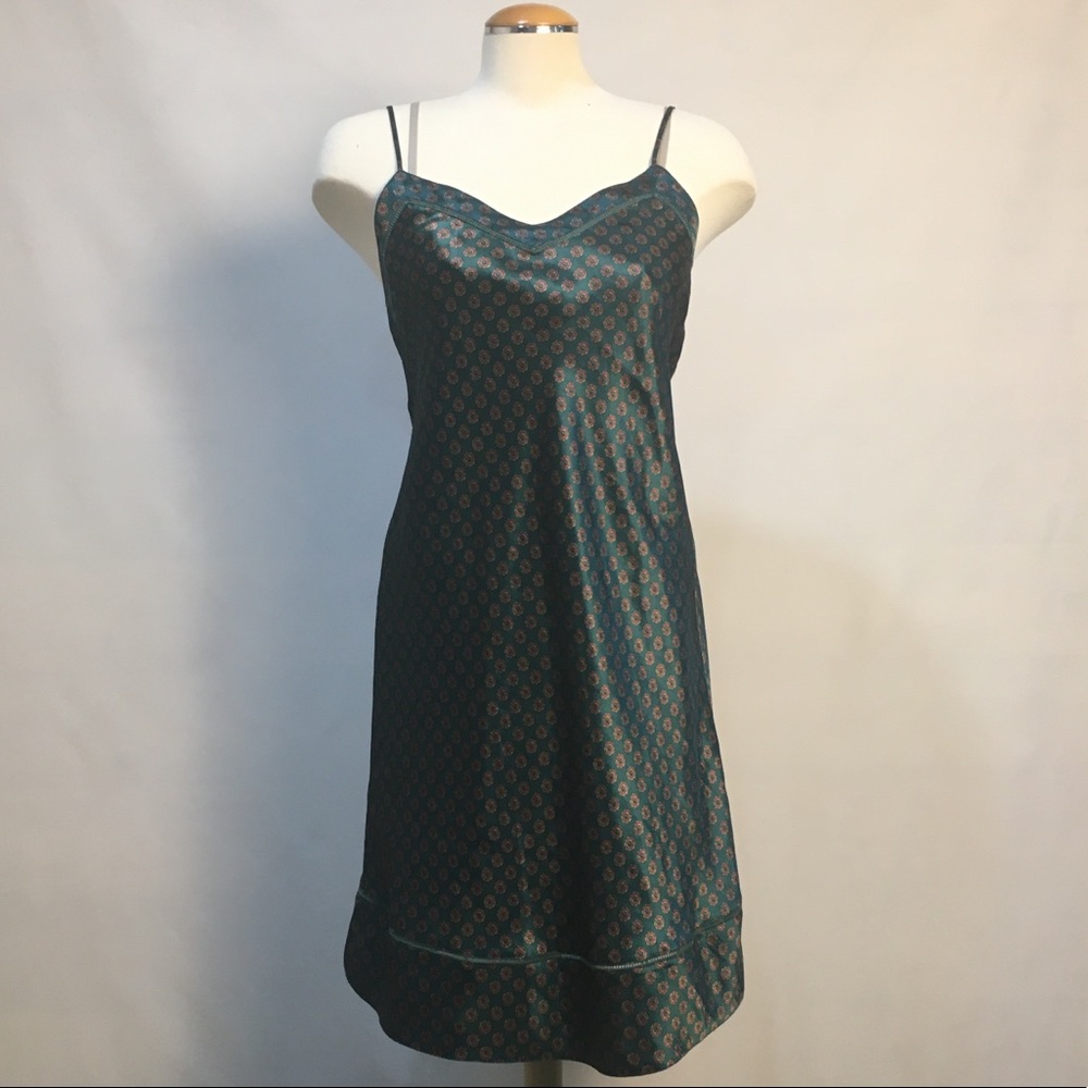 Vintage Emerald Green Patterned Satin Slip Dress
